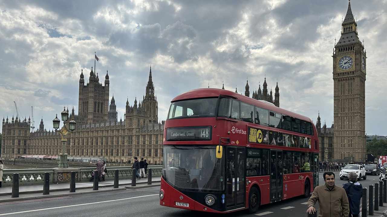 Big Ben and the Palace of Westminster in London with a red double-decker bus — London trip cost 2026 guide