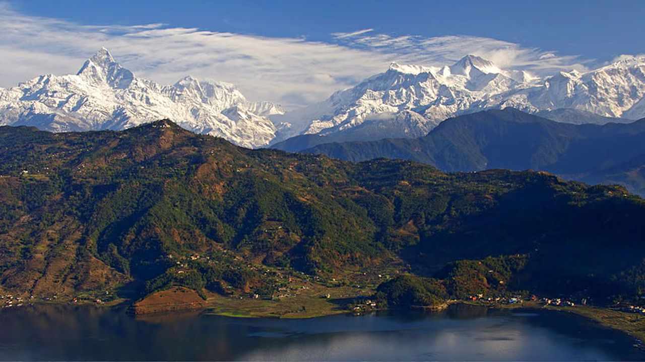 Panorama of the Annapurna Himalaya — Machhapuchhre, Annapurna III, IV and II — above Phewa Lake and Pokhara, Nepal